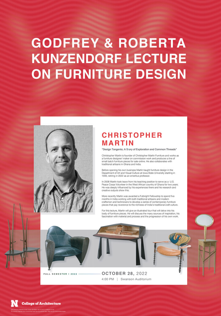 poster with a headshot of christopher martin and title "Godfrey & Roberta Kunzendorf Lecture on Furniture Design"