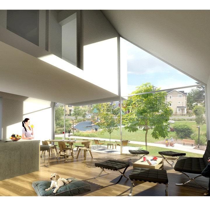 rendering of the interior of a home with a large window