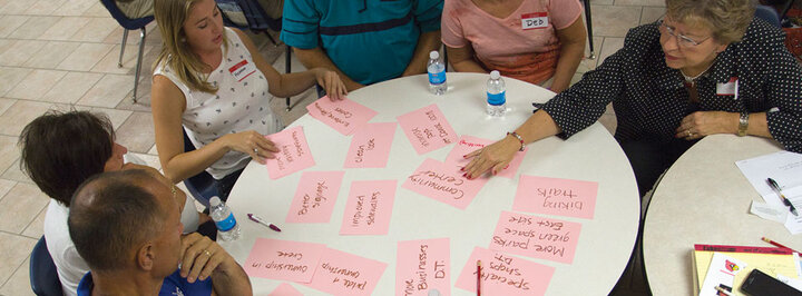 Students working on project on round table