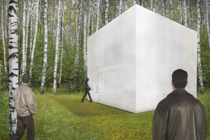 artistic drawing of a white box structure in a forest