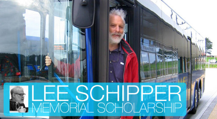 lee schipper in the doorway of a bus