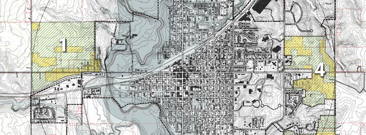 a map of a city with zones marked 1 and 4