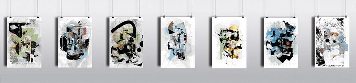 a series of paintings with various abstract design on them